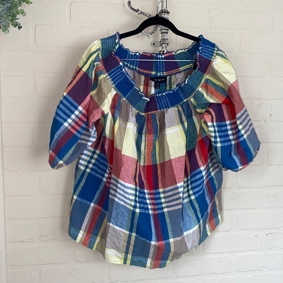 Lane Bryant shirt Linen/Cotton Blend Plaid Off The Shoulder Top Size NEW 18 20 - Picture 2 of 6